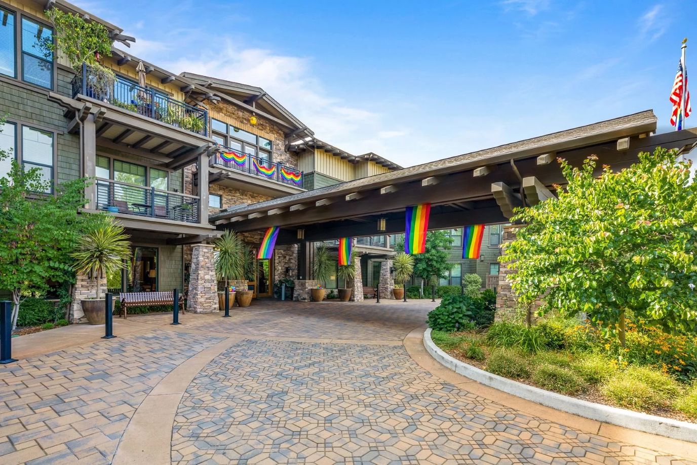 Exterior view of Fountaingrove Lodge with vibrant banners