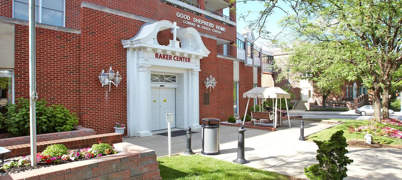 Exterior view of Good Shepherd Home Raker Center entrance