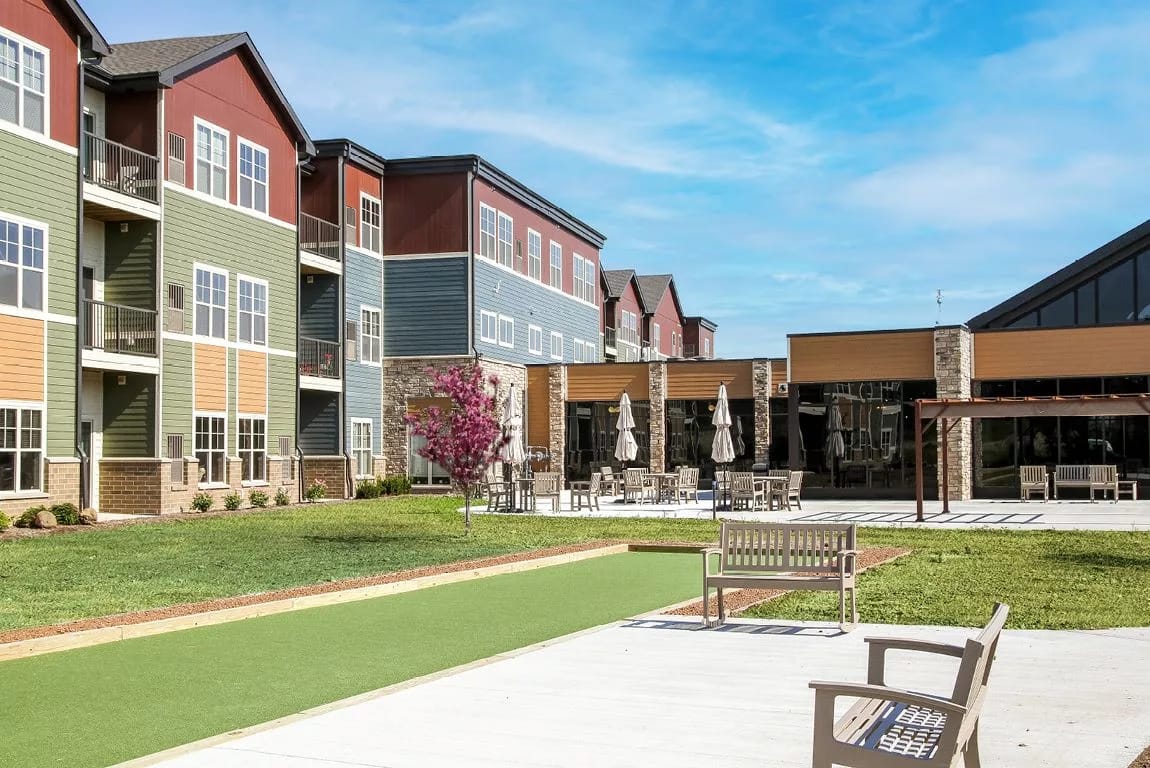 Exterior view of Grace Commons with landscaped outdoor space