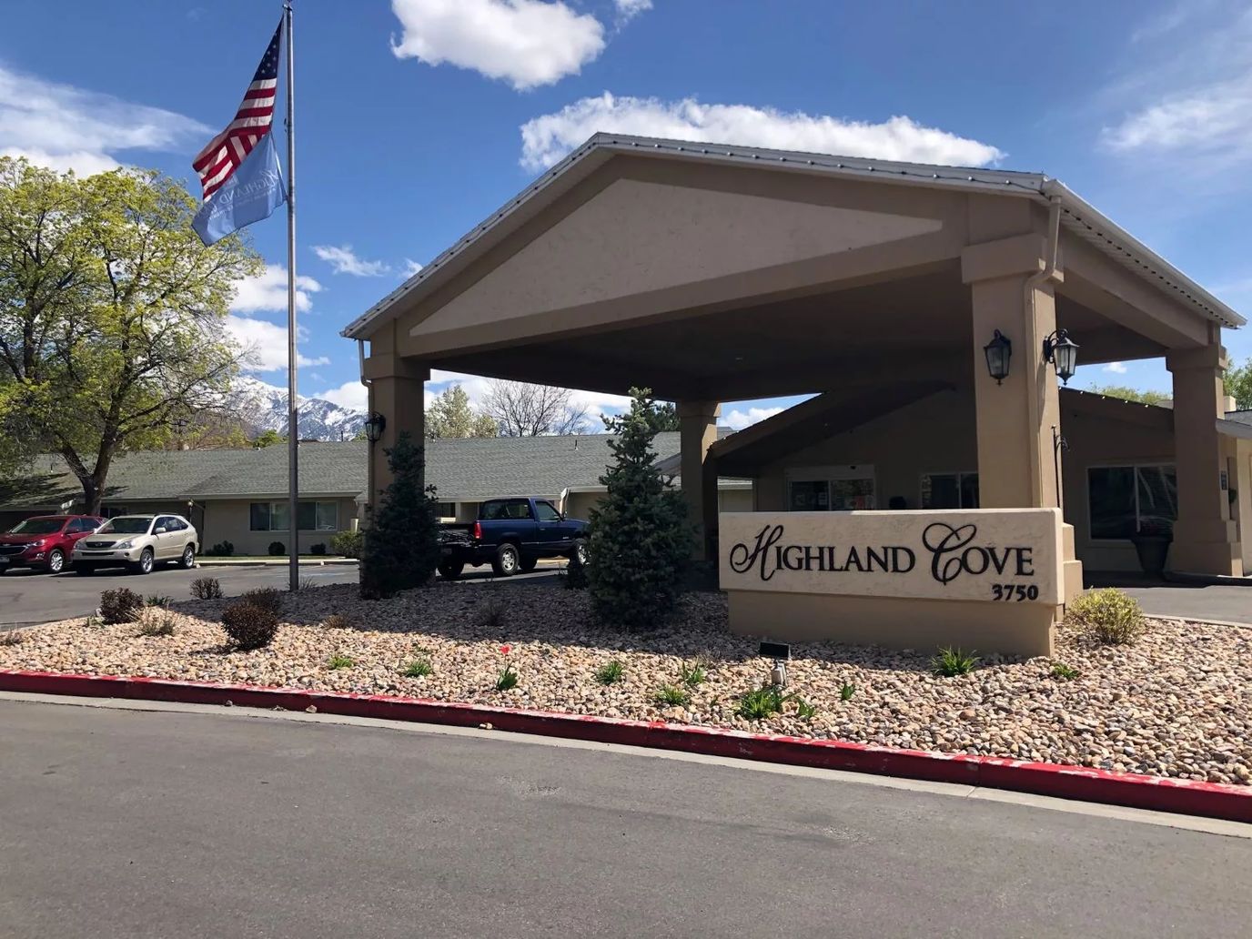 Exterior view of Highland Cove Retirement's entrance