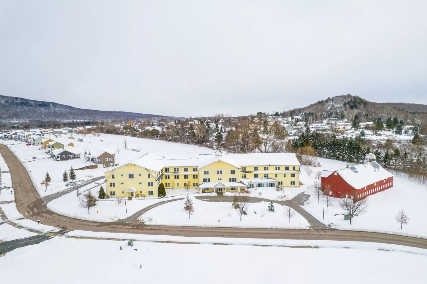 Aerial view of Homestead Senior Living in winter