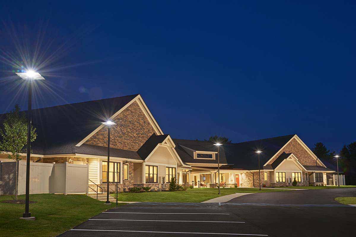 Exterior view of Legacy Place Cottages at night