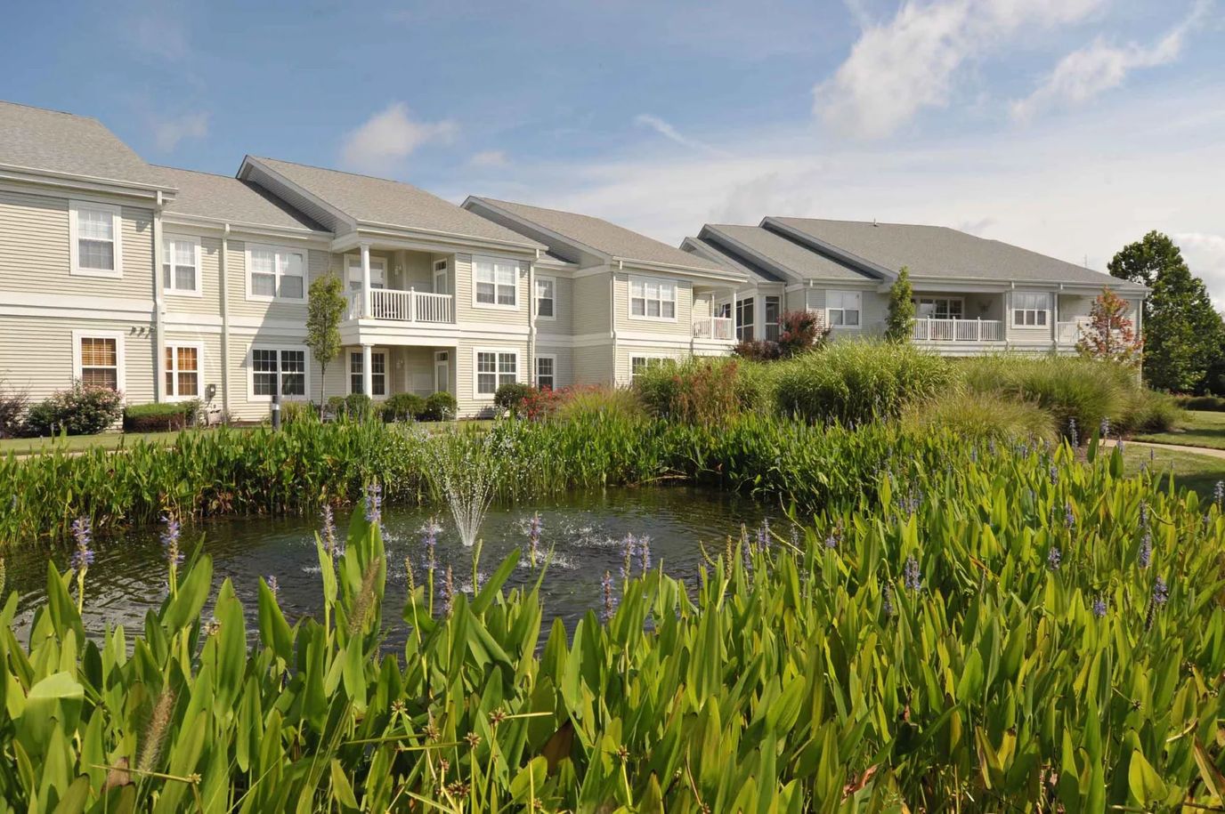 Exterior view of buildings surrounding a pond and greenery