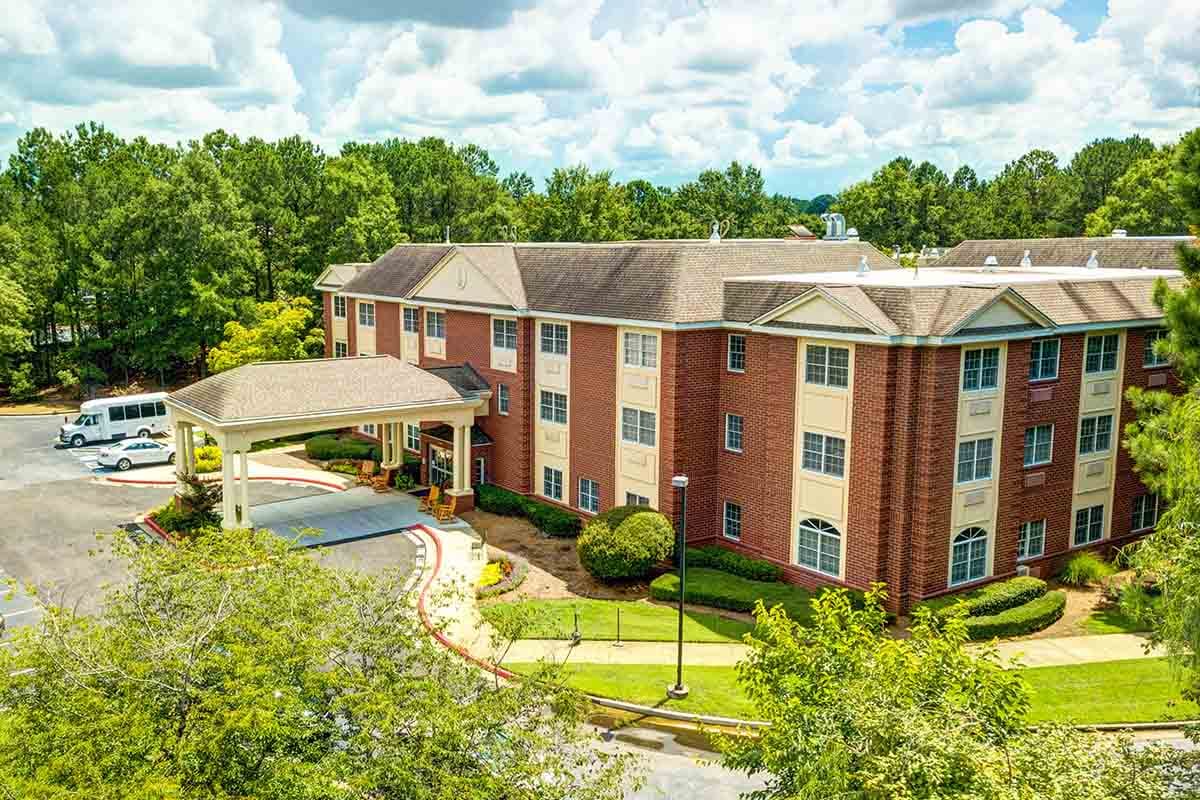 Aerial view of Magnolia Place of Roswell exterior and gardens