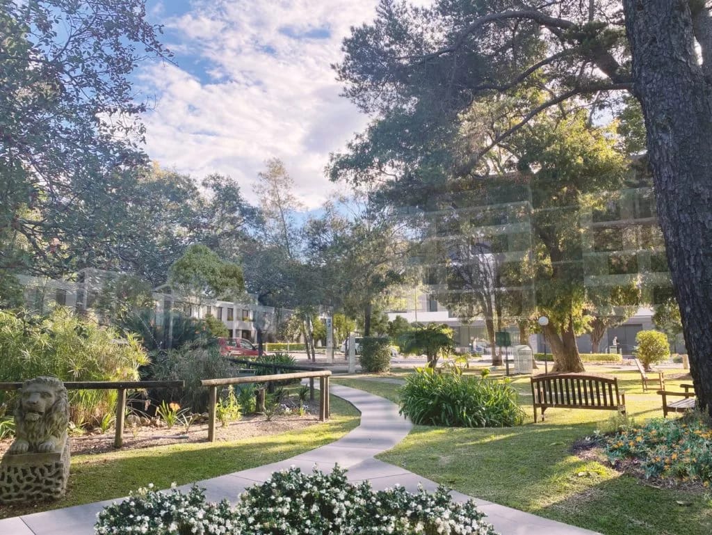 Beautiful landscaped garden with pathways and seating