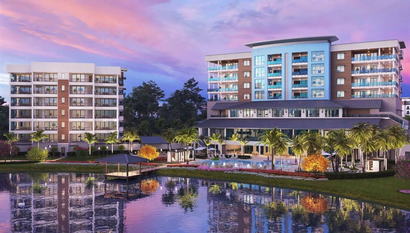 Exterior view of Moorings Park Grande Lake at sunset
