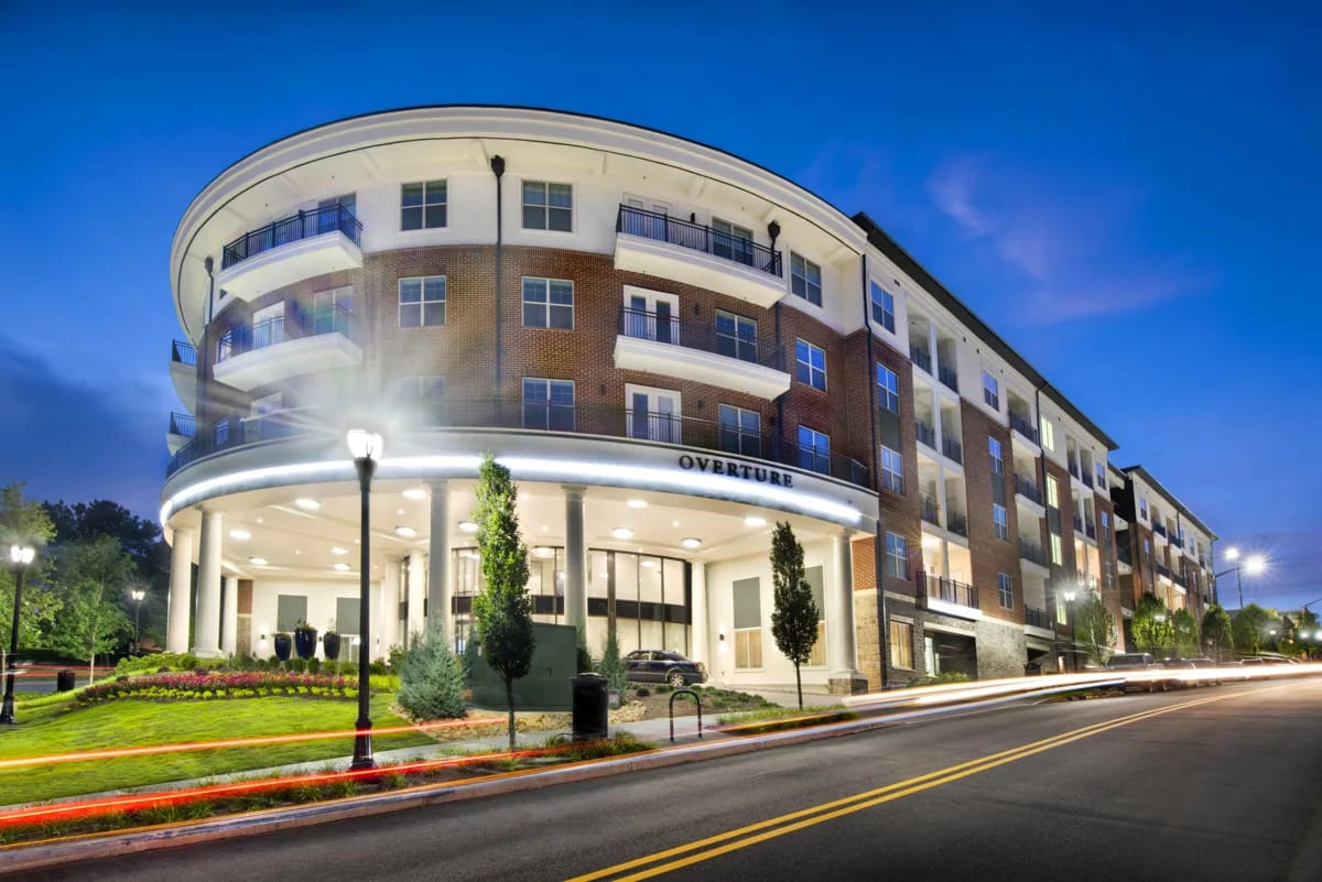 Exterior view of Overture at Buckhead South at dusk