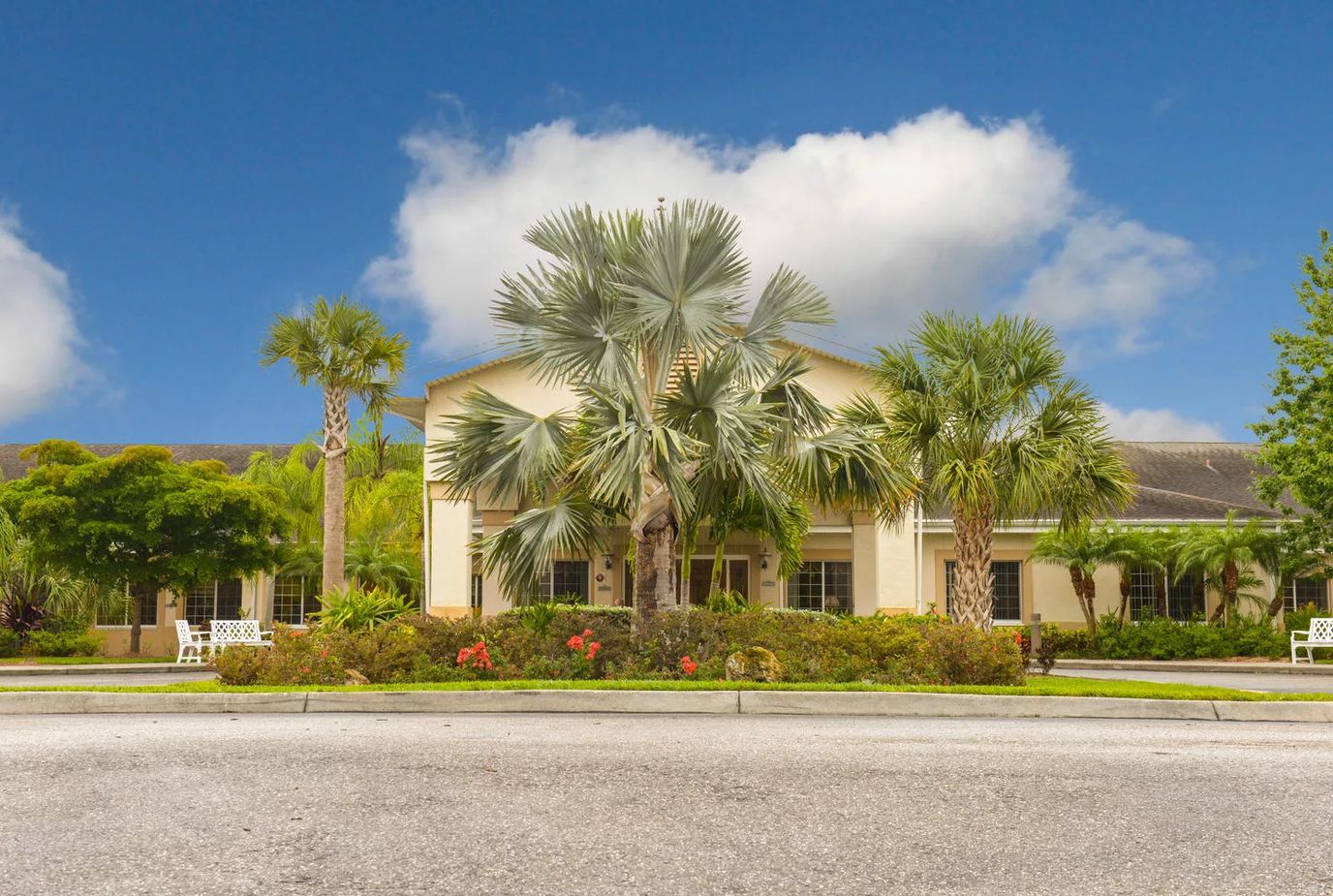 Exterior view of a nursing home surrounded by palm trees