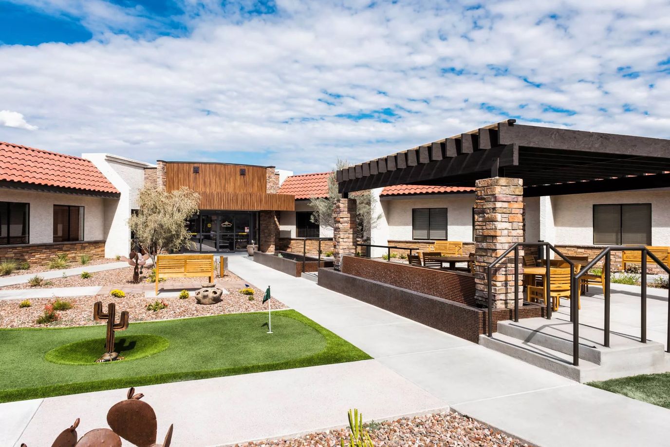 Exterior view of Pueblo Norte Senior Living Community entrance