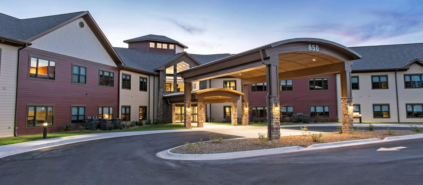 Exterior view of Primrose Retirement Community facility entrance