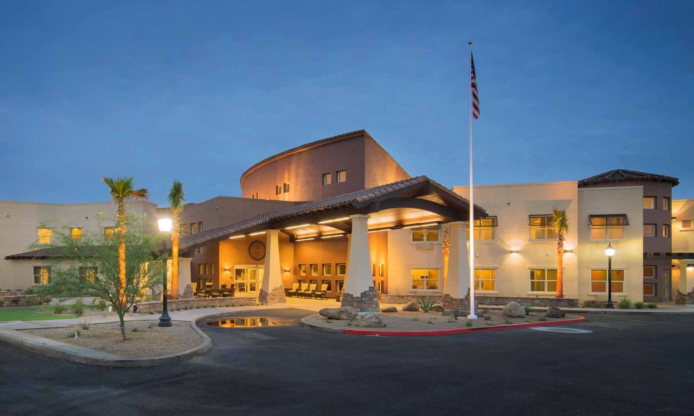 Front exterior of Solana at the Park facility at dusk