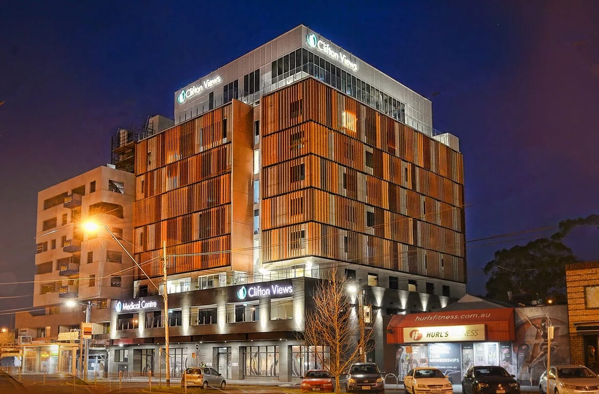Exterior view of Clifton Views Residential Aged Care facility at night