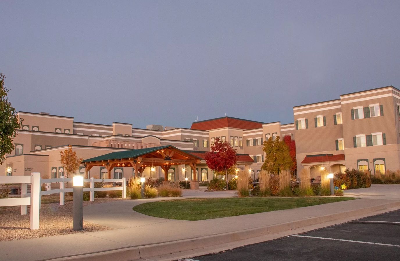 Exterior view of The Commons of Hilltop at dusk