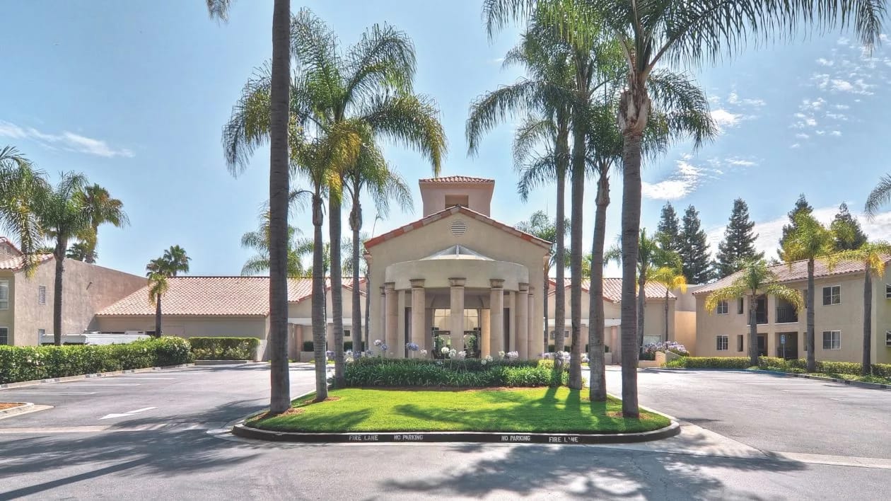 Exterior view of The Ivy at Wellington entrance with palm trees