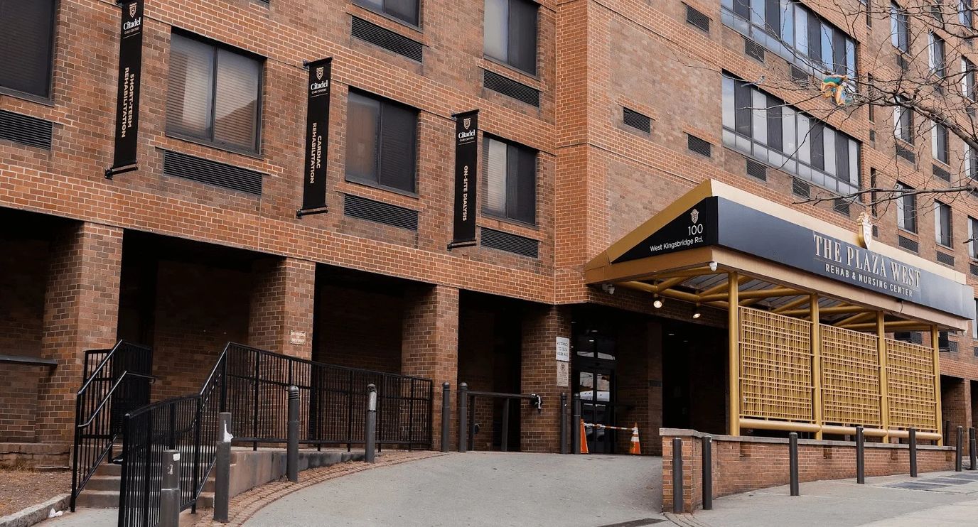 Exterior view of The Plaza Rehab building entrance