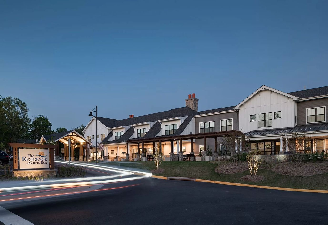 Exterior view of The Residence at Colvin Run at dusk