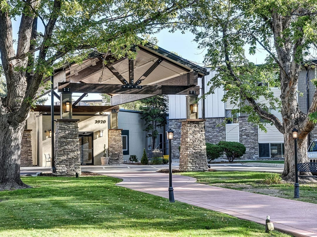 Exterior view of Winslow Court Retirement Community entrance