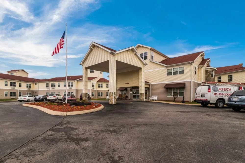 Exterior view of Fieldstone Place with American flag