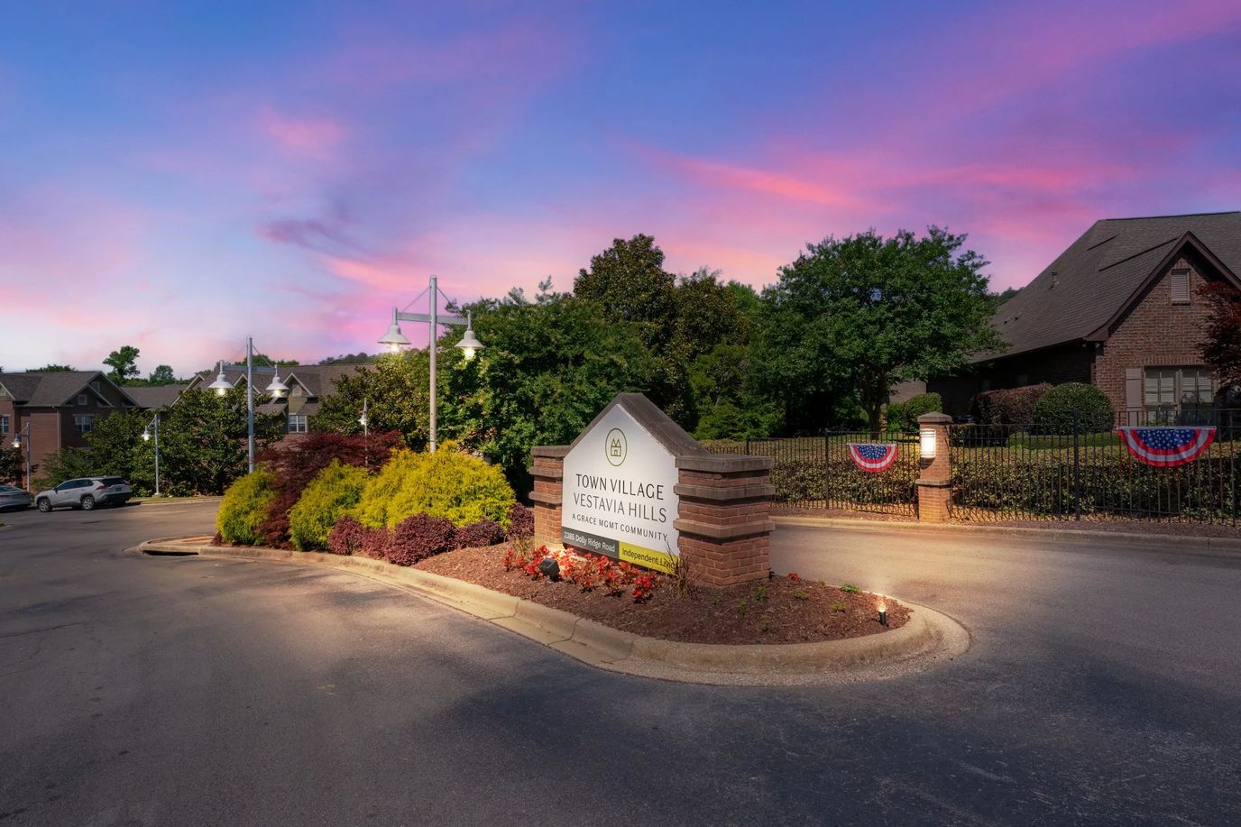 Entrance of Town Village Vestavia Hills with landscaping
