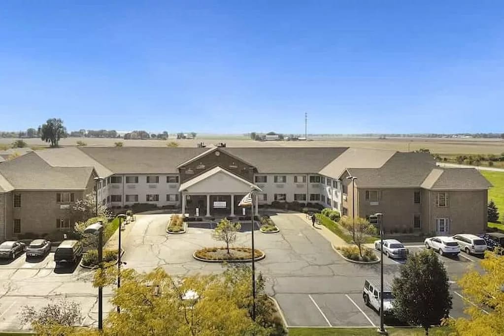 Aerial view of the facility's exterior and parking area