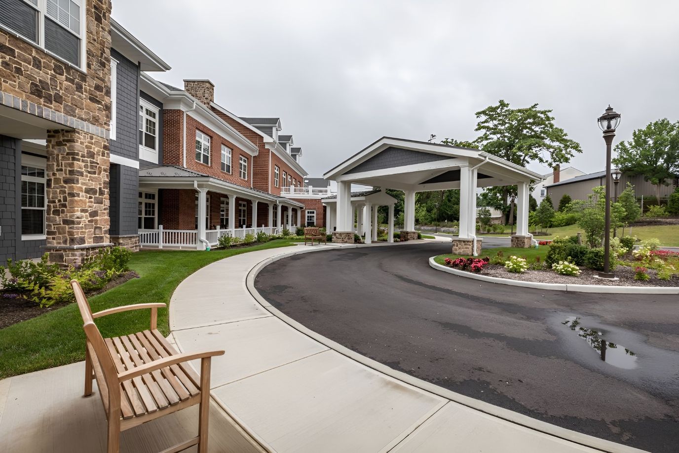Building exterior with a covered entrance and landscaped area
