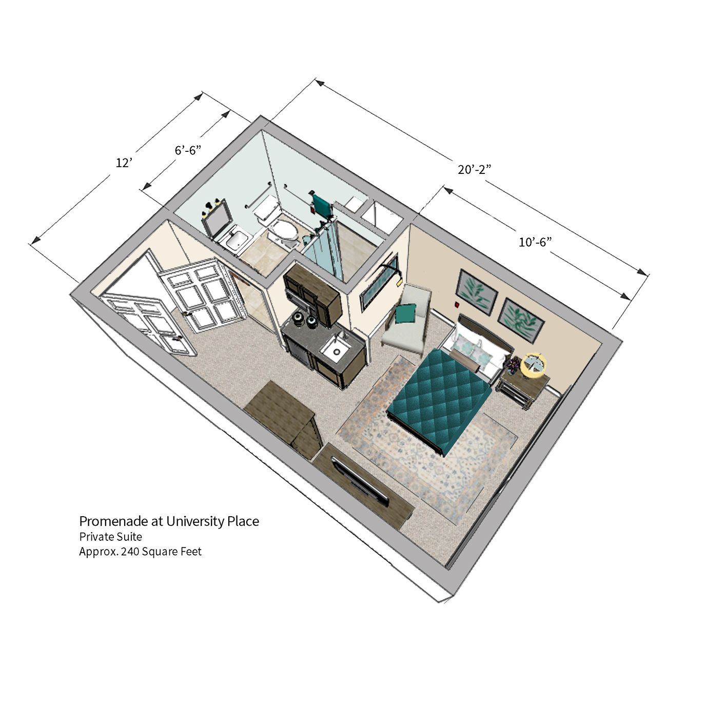 Architectural floor plan of a private suite at Promenade