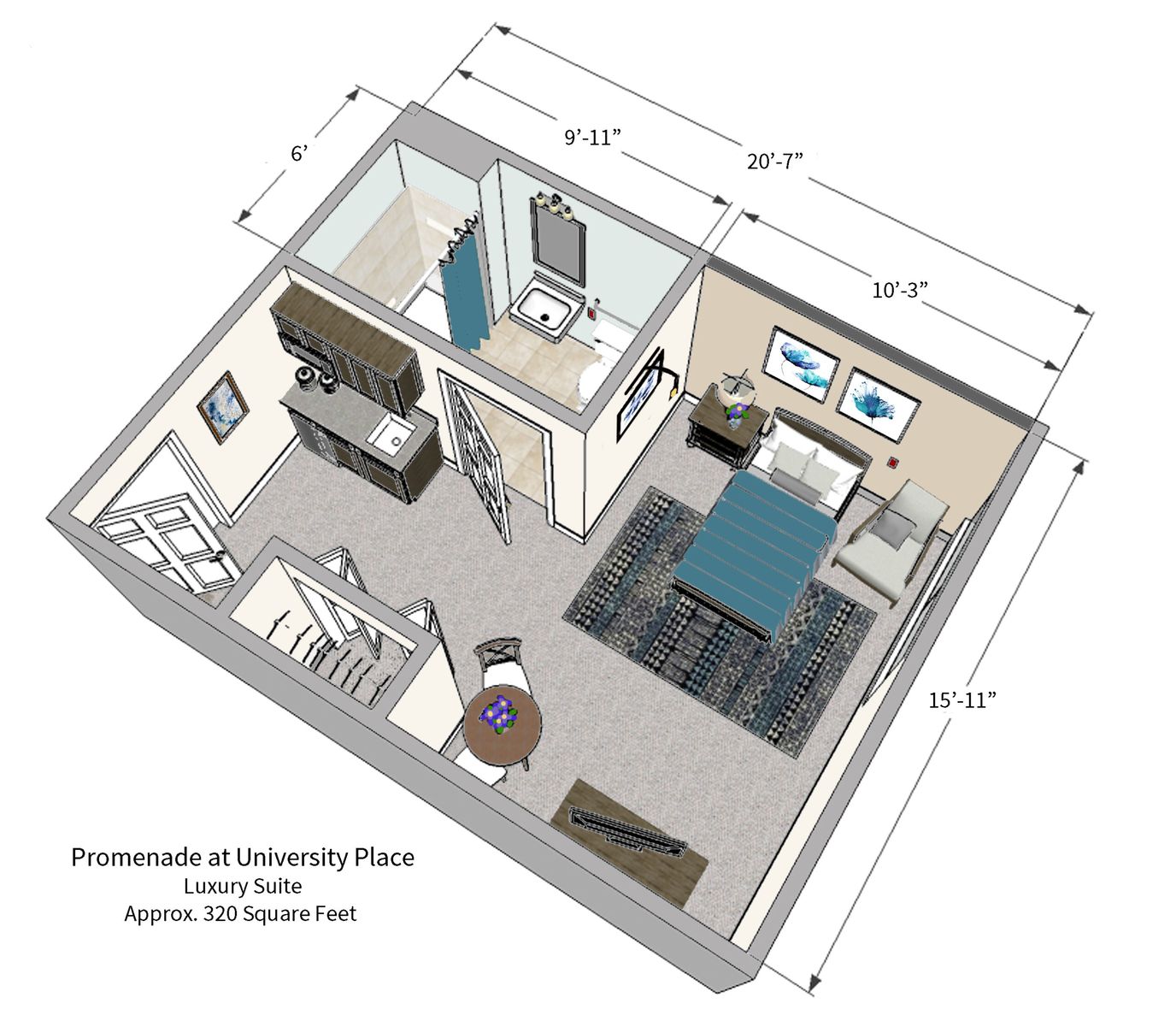 Architectural floor plan of a luxury suite