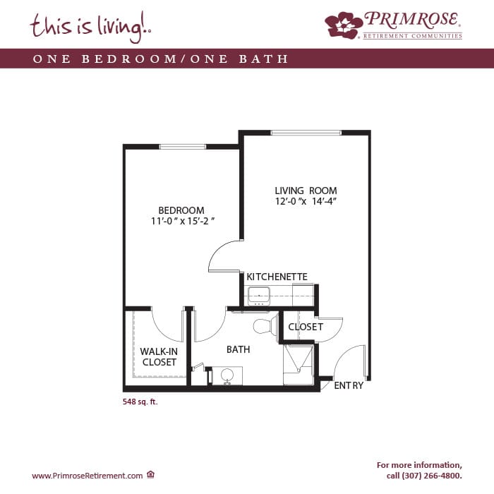 Architectural floor plan of a one-bedroom unit