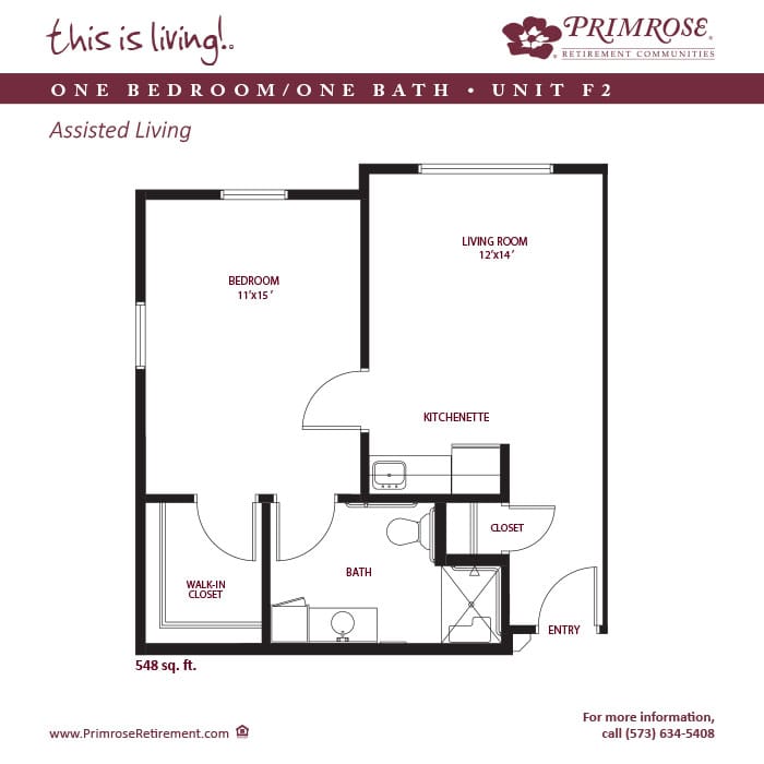 Architectural floor plan of a one-bedroom assisted living unit