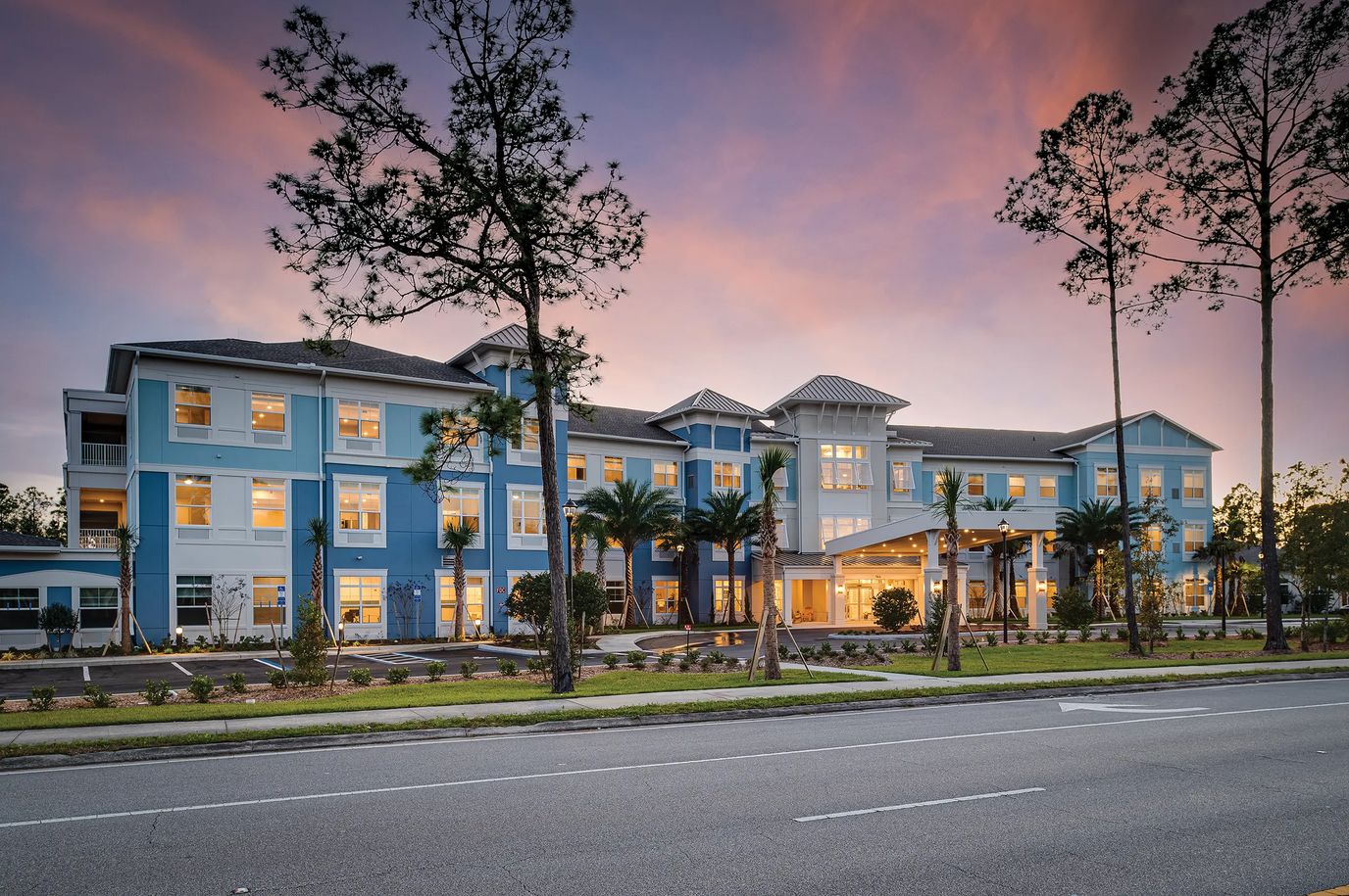 Exterior view of Sancerre at Palm Coast during sunset