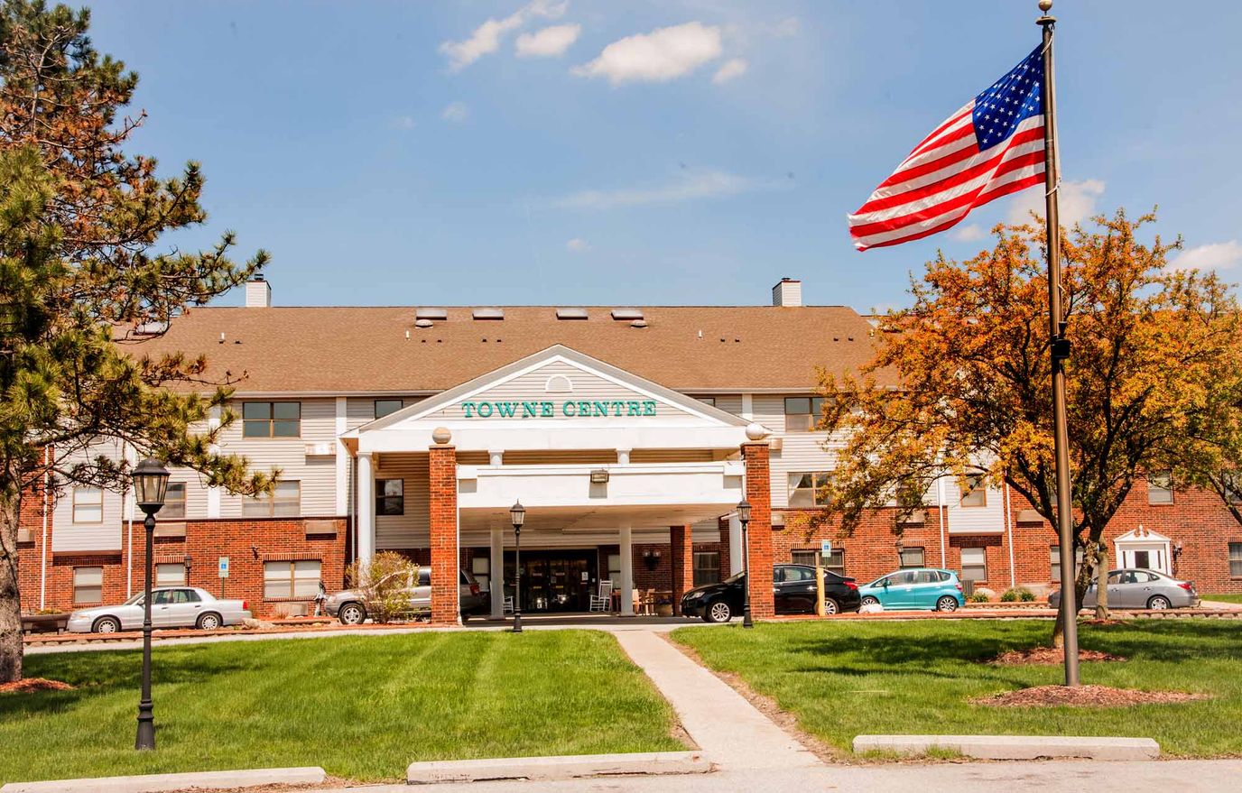 Exterior view of Towne Centre with American flag