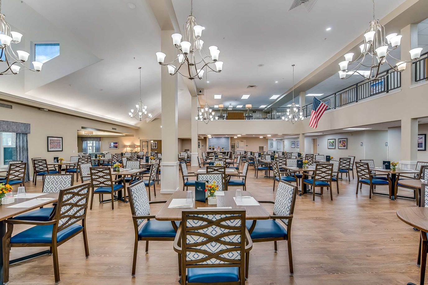 Bright dining room with tables and chairs