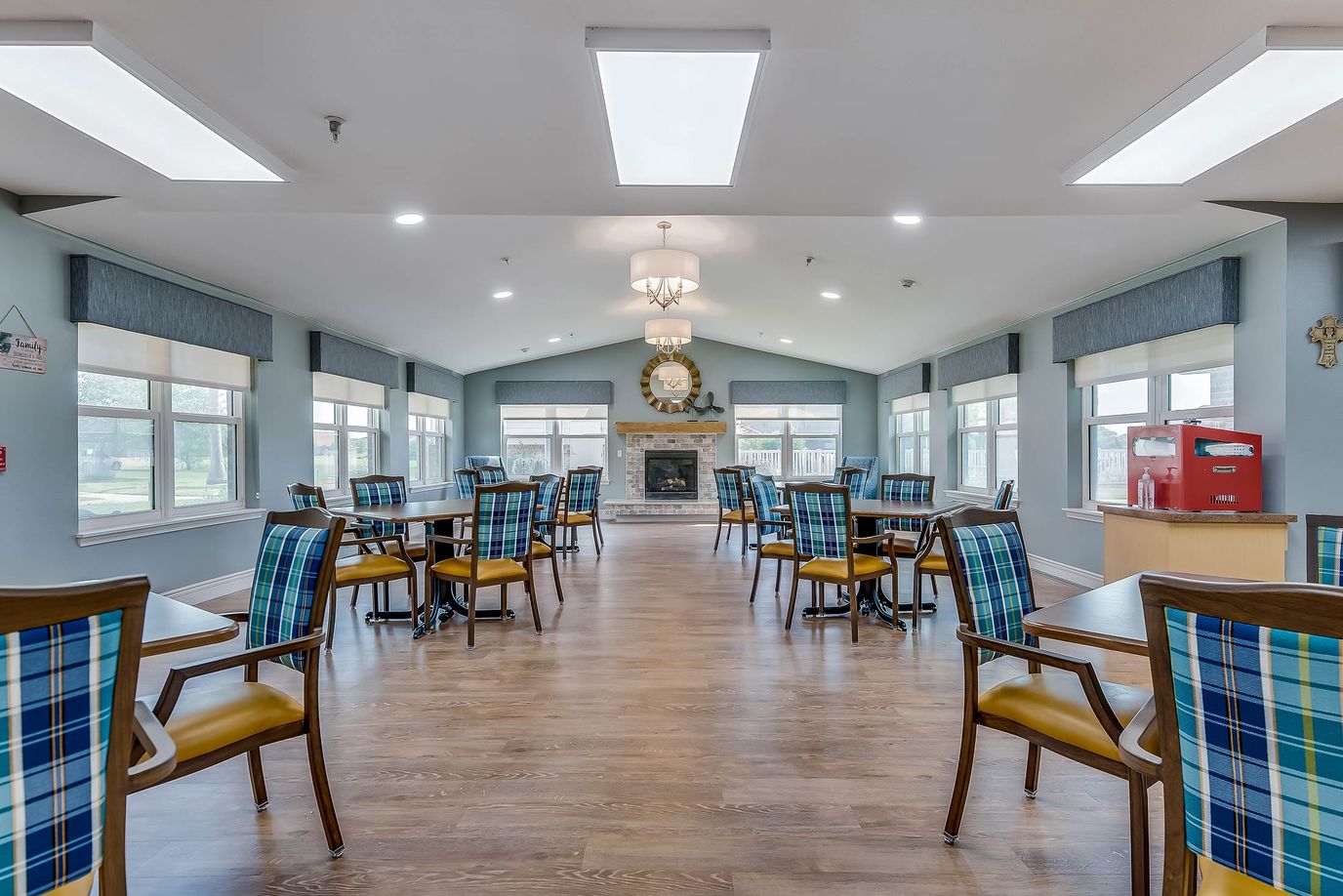 Dining room with tables and chairs arranged neatly
