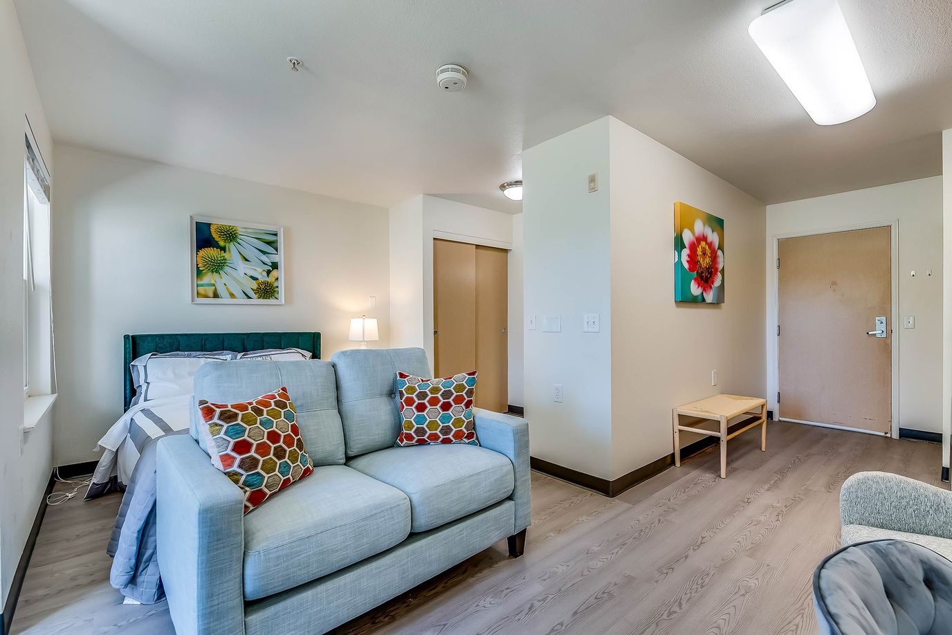 Cozy resident room with modern decor and furnishings