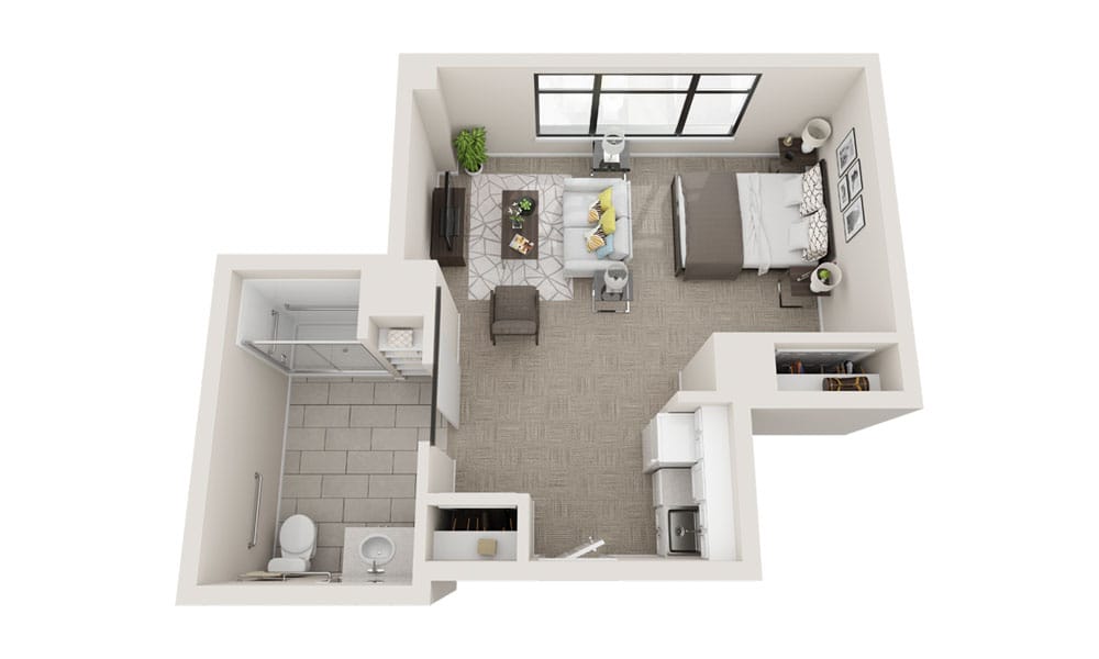 Top-down view of a one-bedroom apartment layout