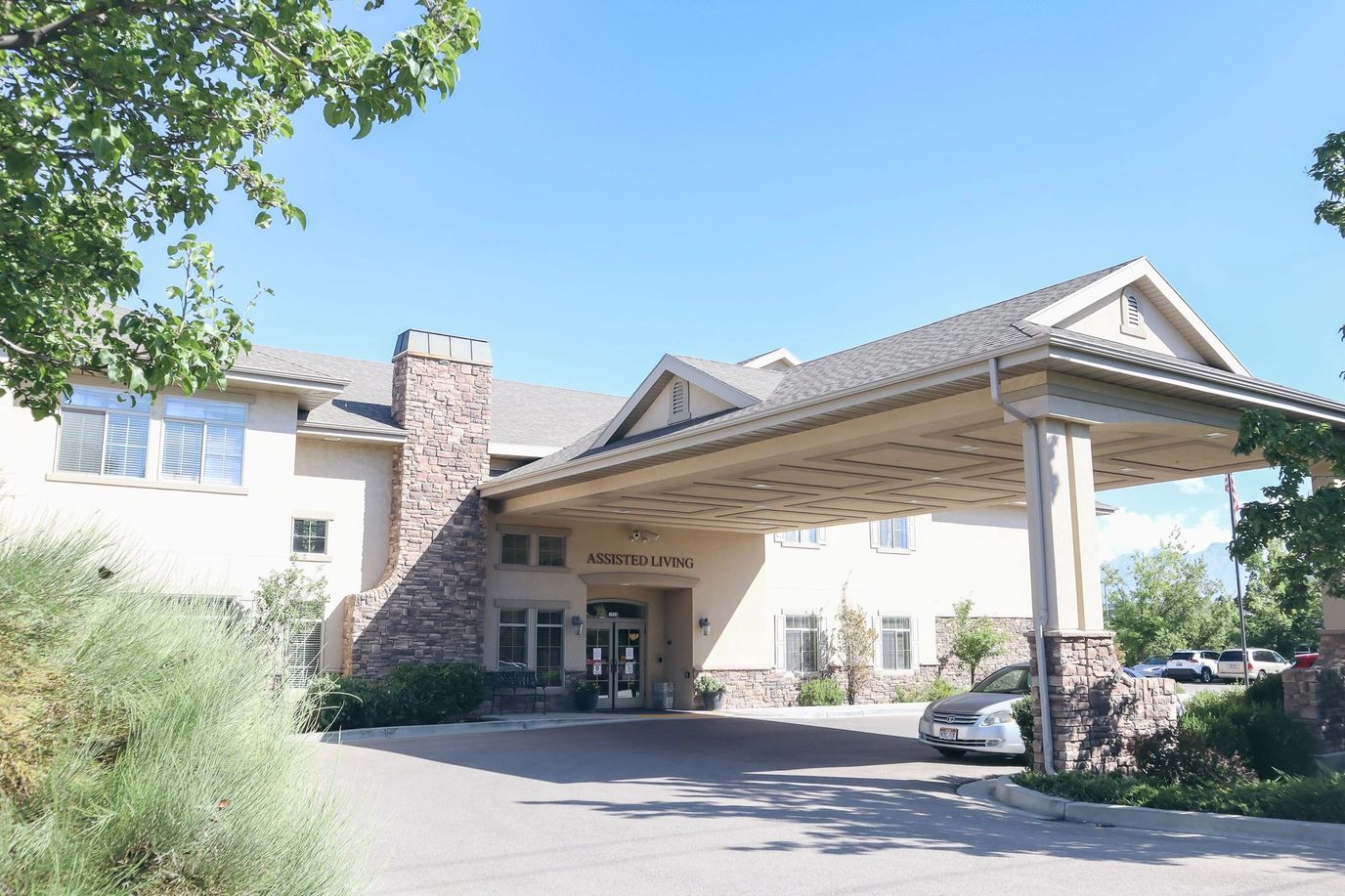 Exterior view of an assisted living facility entrance