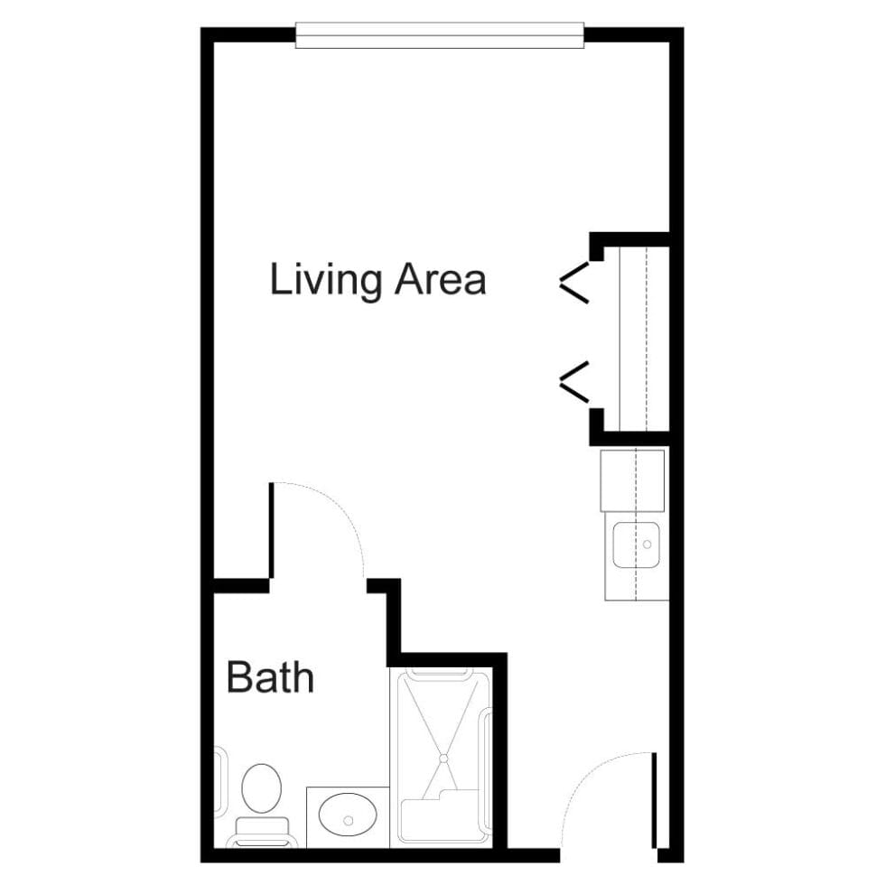 Architectural floor plan of a living area and bath