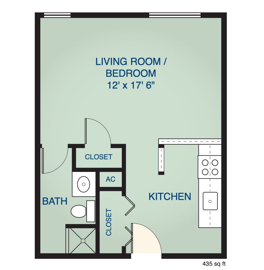 Architectural floor plan of a living room/bedroom layout