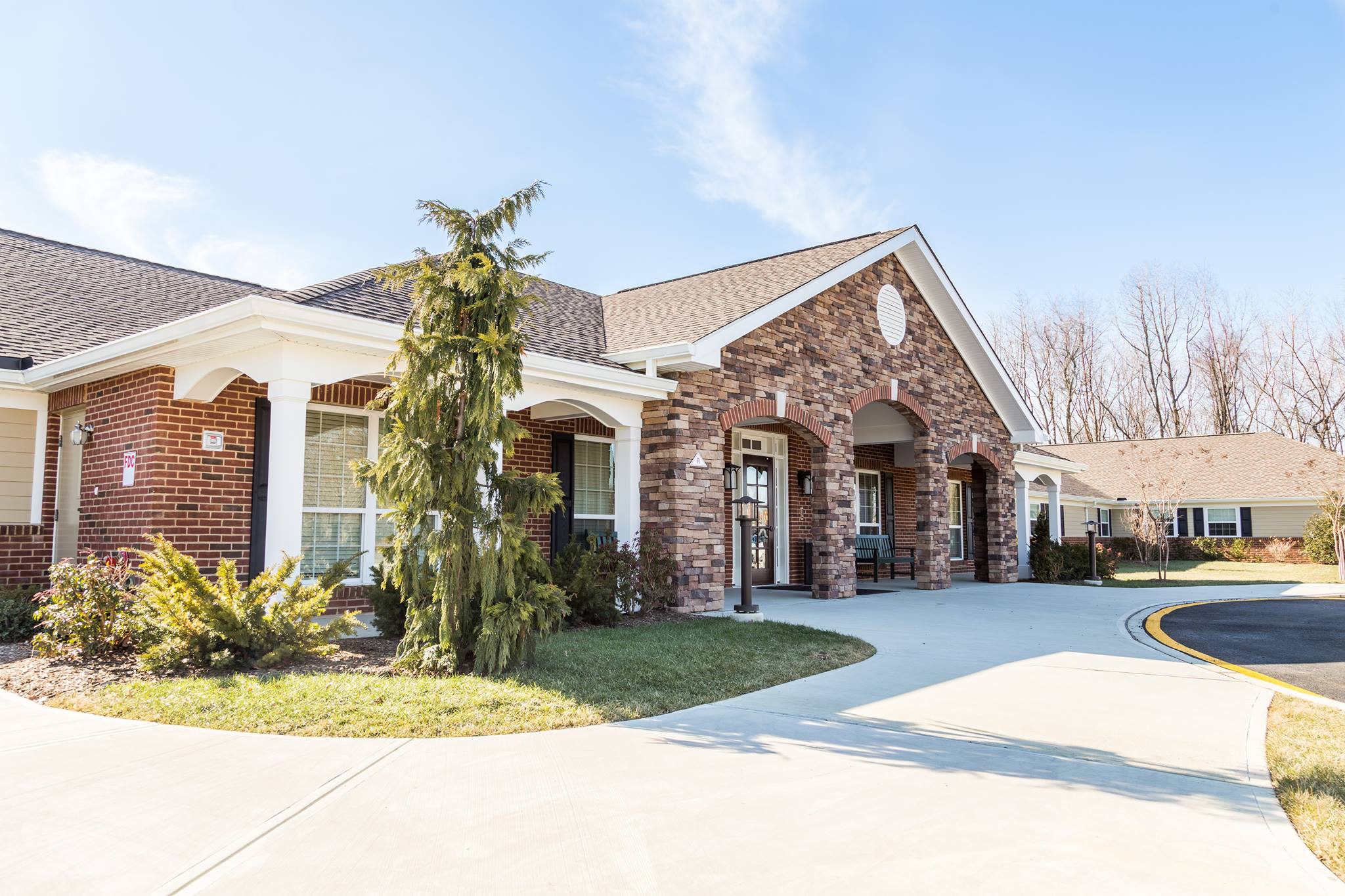 Exterior view of a senior living facility entrance