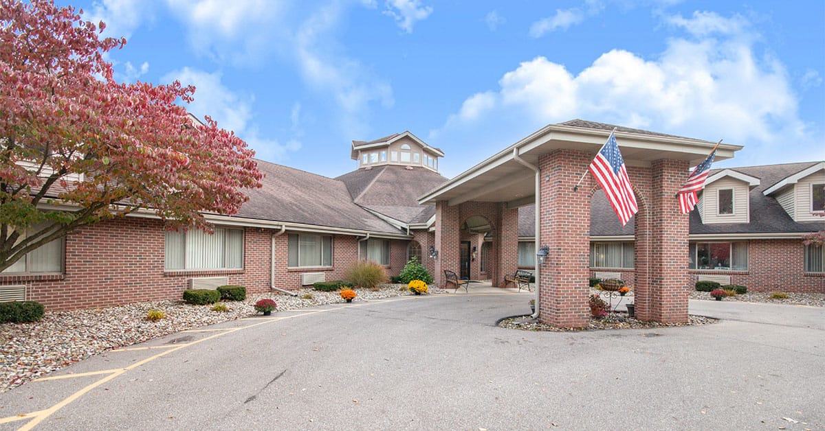 Exterior view of Brentwood at Elkhart Assisted Living entrance