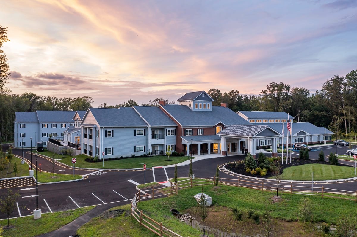 Exterior view of the Ciel of Princeton facility at sunset
