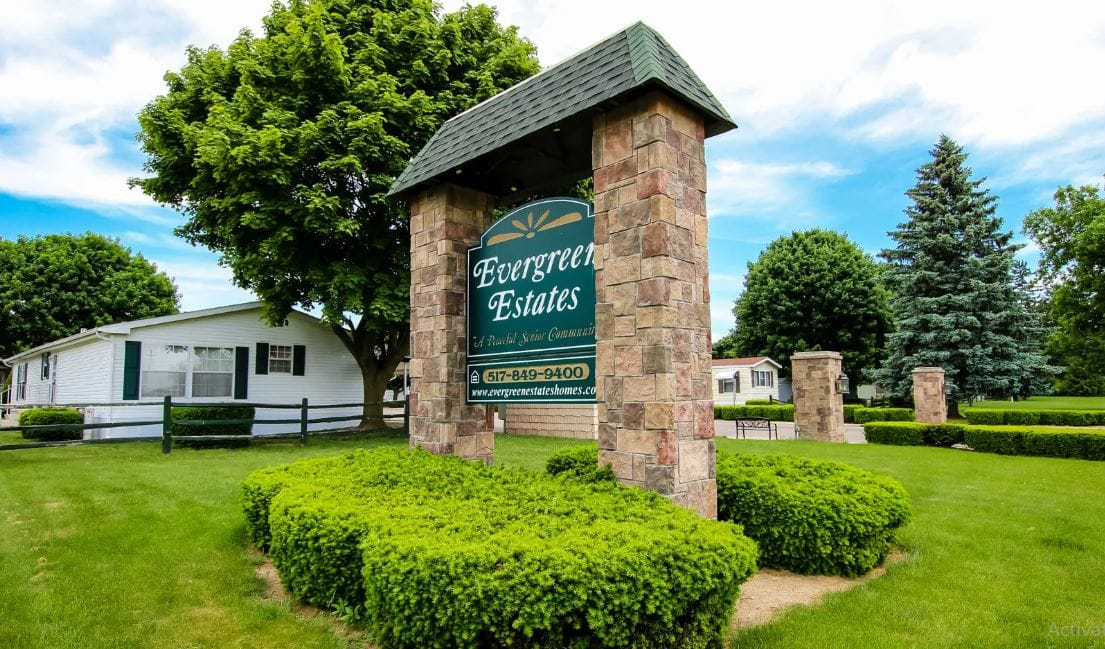 Exterior view of Evergreen Estates Retirement Community sign