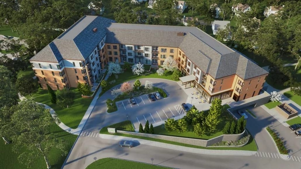 Aerial view of Heritage Community of Kalamazoo showcasing the building and surrounding green space.