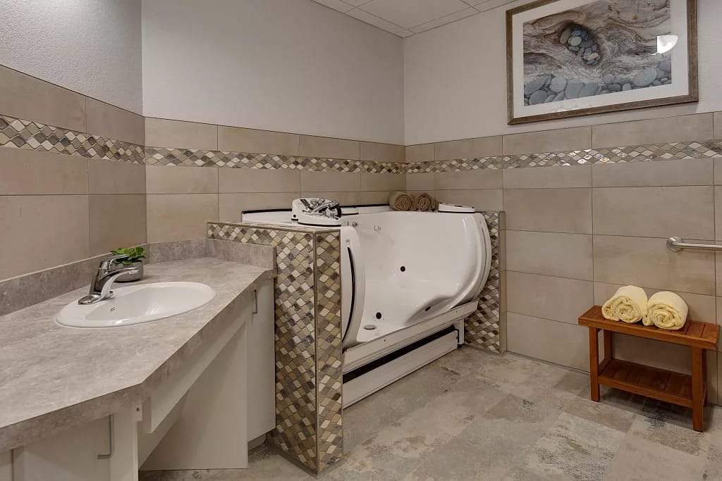 Modern accessible bathroom with a walk-in tub and sink.