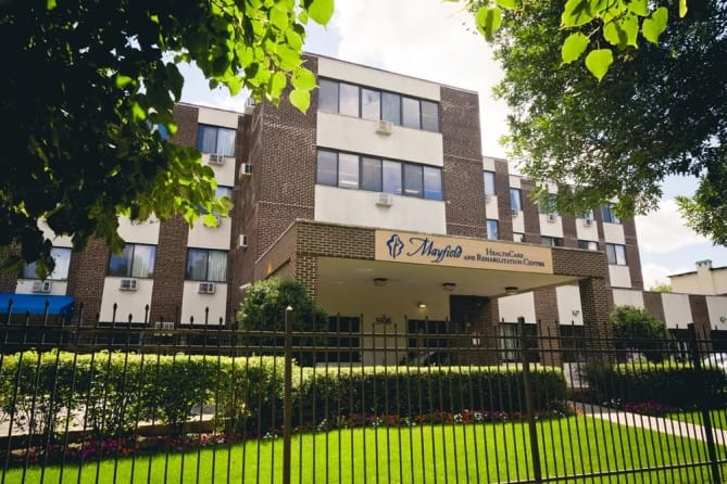 Exterior view of Mayfield Care Rehab Center building