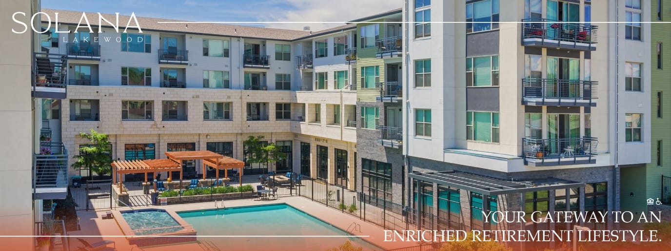Exterior view of Solana Lakewood with a pool and outdoor space