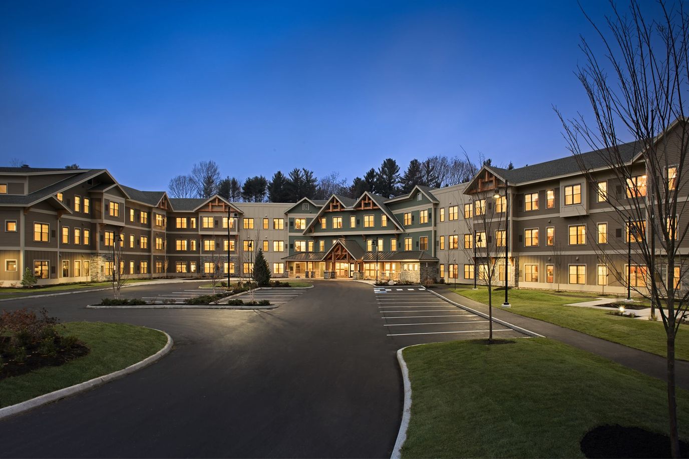 Exterior view of Stroudwater Lodge at dusk