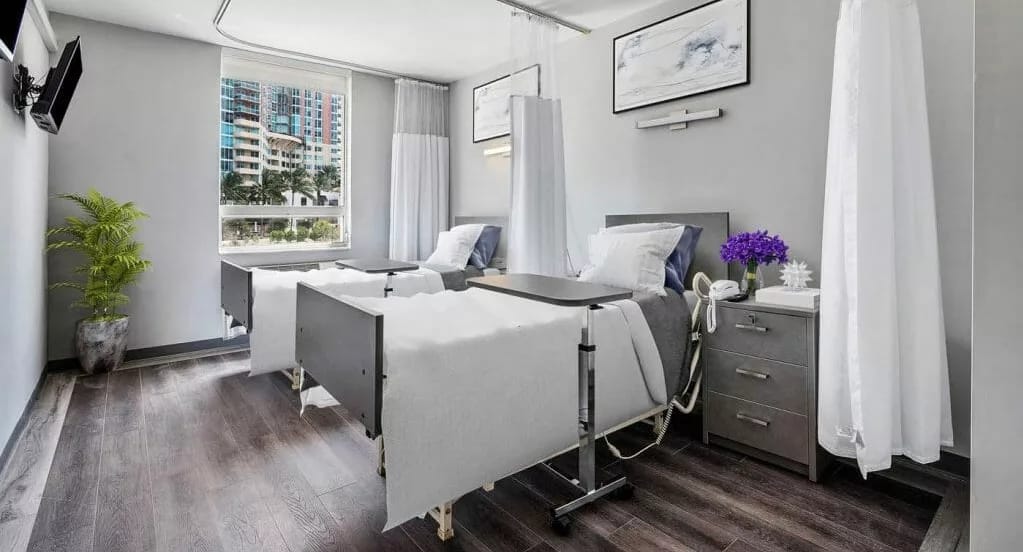Interior view of a shared resident room with two beds