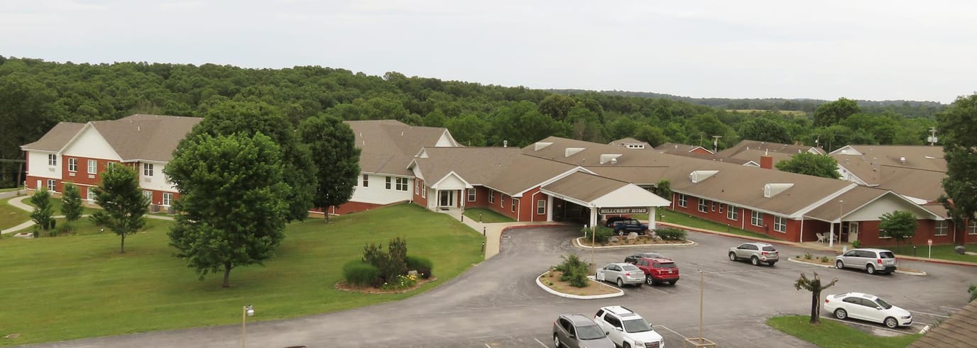 Aerial view of the Hillcrest Home facility with green gardens