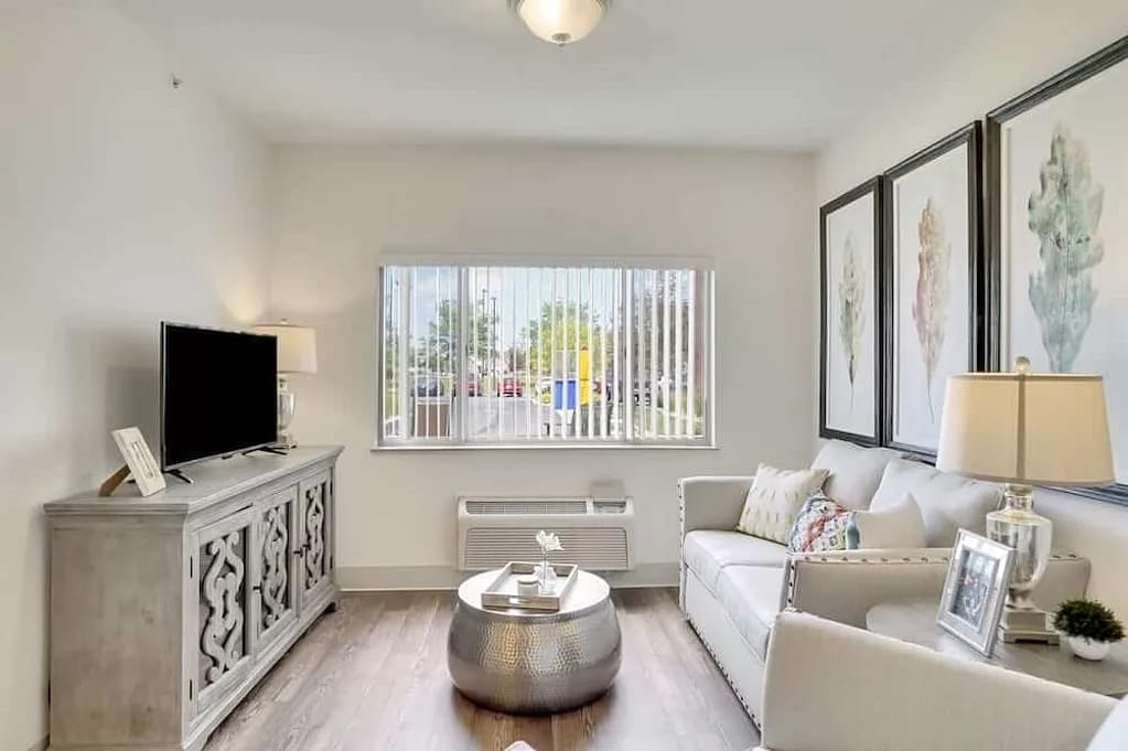 Bright living room with a sofa, television, and window